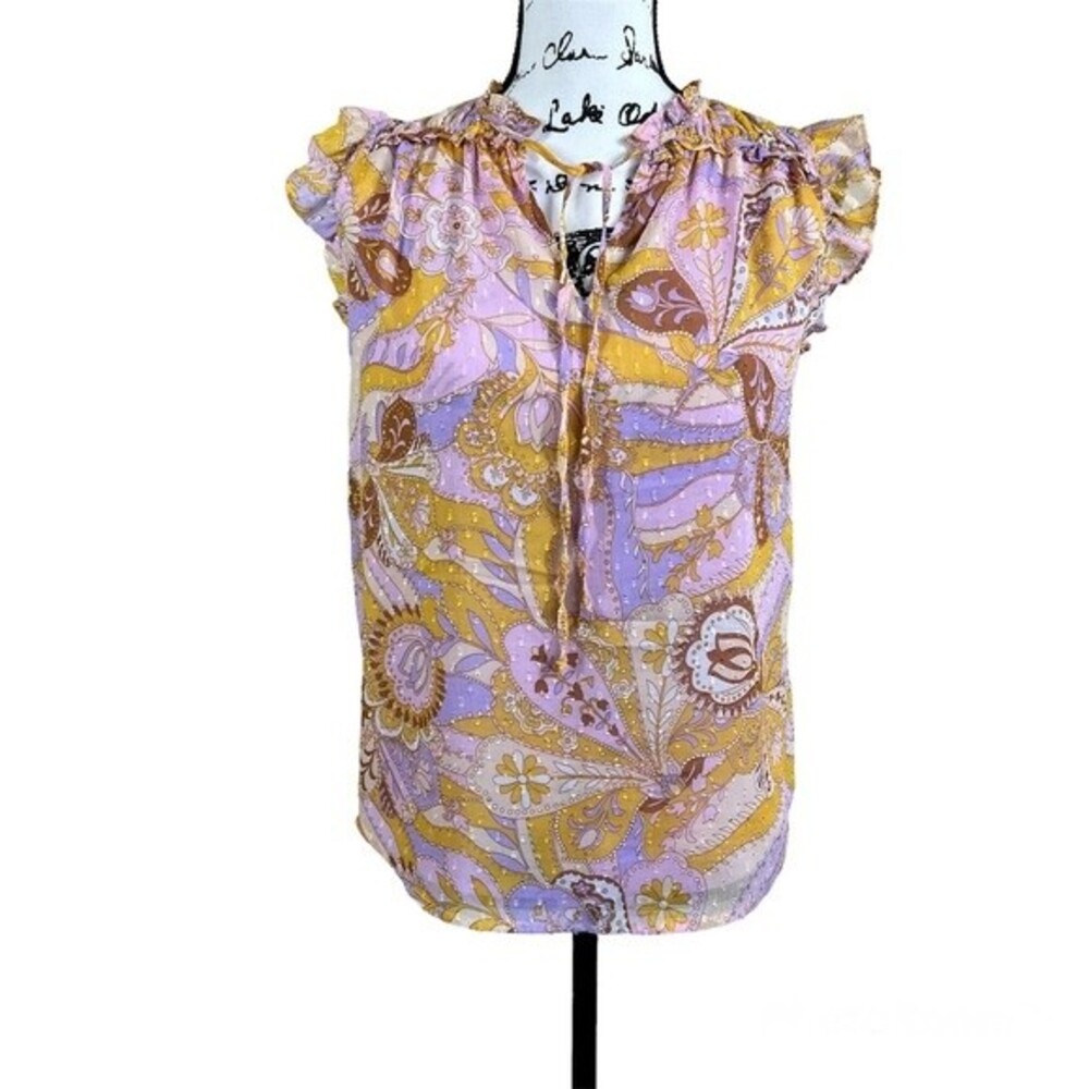 Maison d' Amelie yellow blouse purple paisley print top flutter sleeve size S